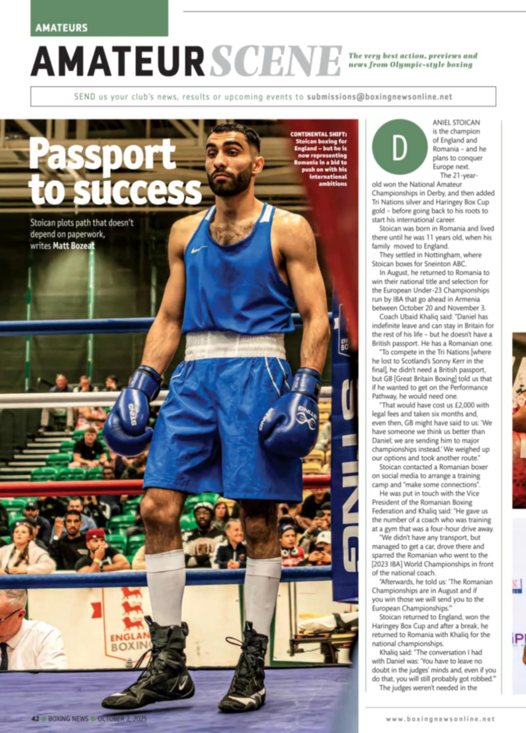 Daniel Stoican featured in Boxing News magazine — Nottingham professional boxer and European Champion profiled in national press